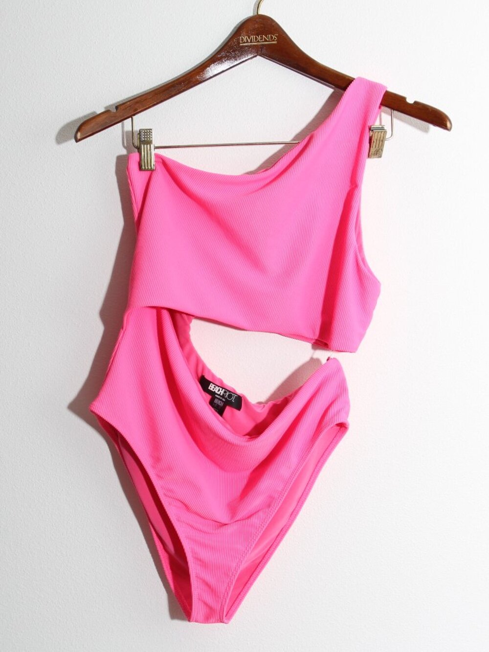 Beach Riot Celine One Piece Swimsuit Neon Pink Ribbed Cut Out Asymmetrical Large - Picture 2 of 16
